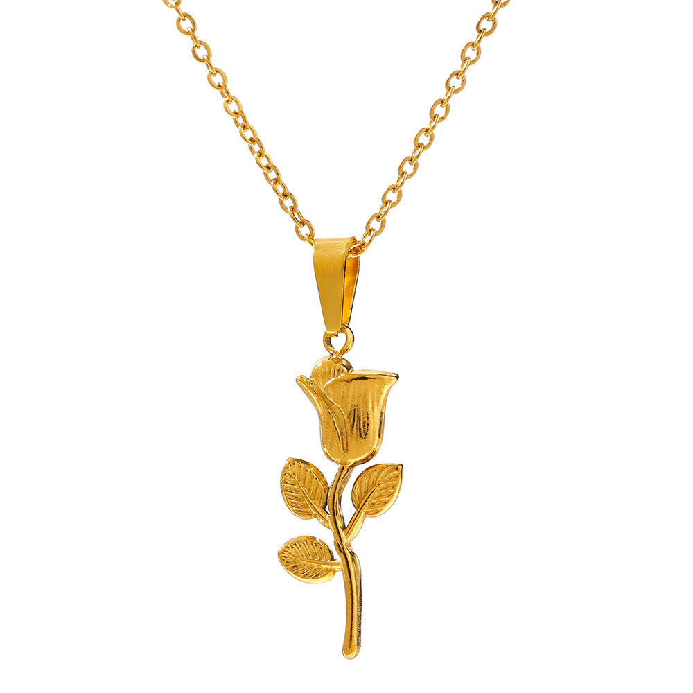 Classic French Retro Three-dimensional Rose Stainless Steel Pendant Necklace