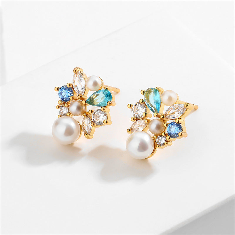RAKOL French Square Diamond Pearl Stud Earrings
