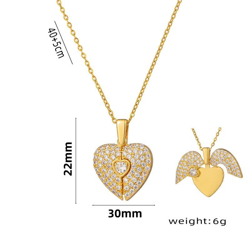 Women's Heart Opening And Closing Necklace Wings Pendant Clavicle Chain Jewelry