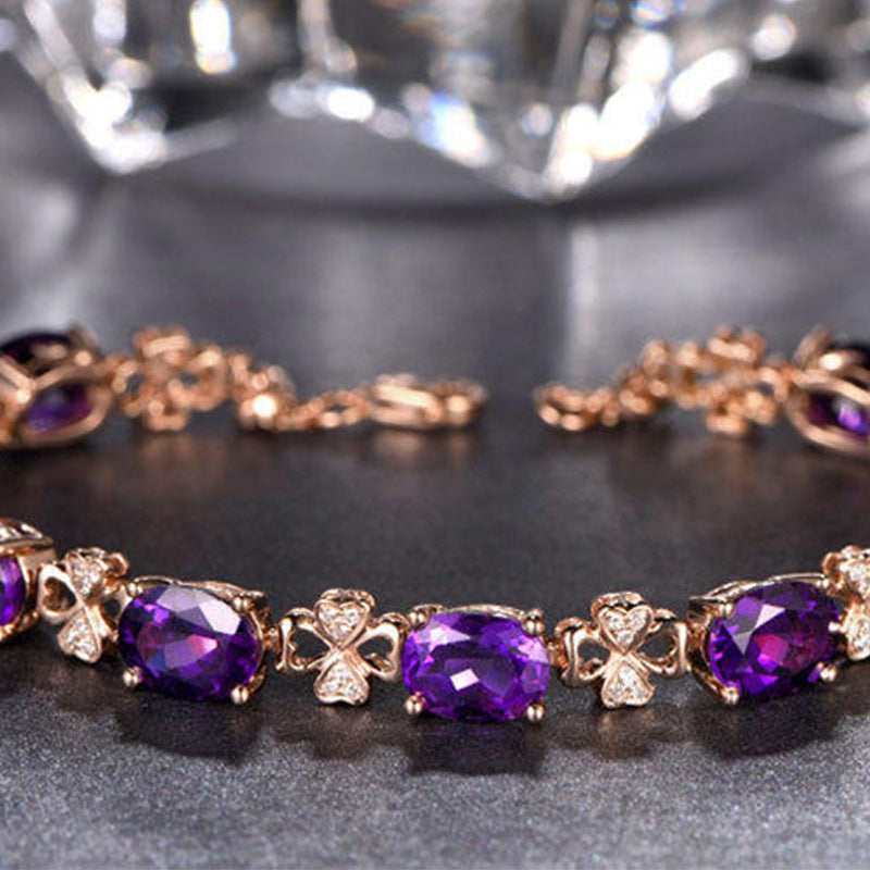 Quality Ear Hook Purple Gemstone Diamond Ring Rose Gold Collarbone Necklace Set