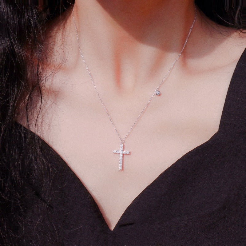 S925 Sterling Silver Simple Diamond Cross Necklace Female Net Celebrity Explosion Style Wild Temperament Clavicle Chain Popular Jewelry