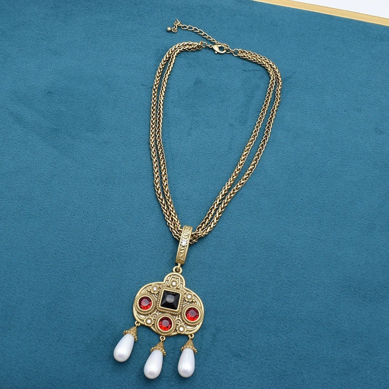 Vintage Glass Inlaid Tassel Pearl Necklace Ear Stud