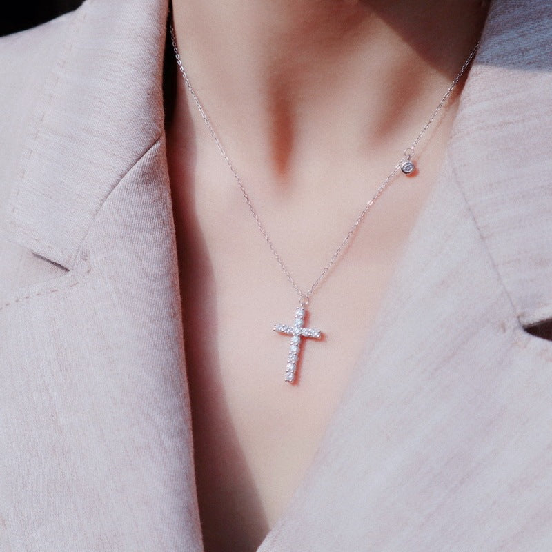S925 Sterling Silver Simple Diamond Cross Necklace Female Net Celebrity Explosion Style Wild Temperament Clavicle Chain Popular Jewelry