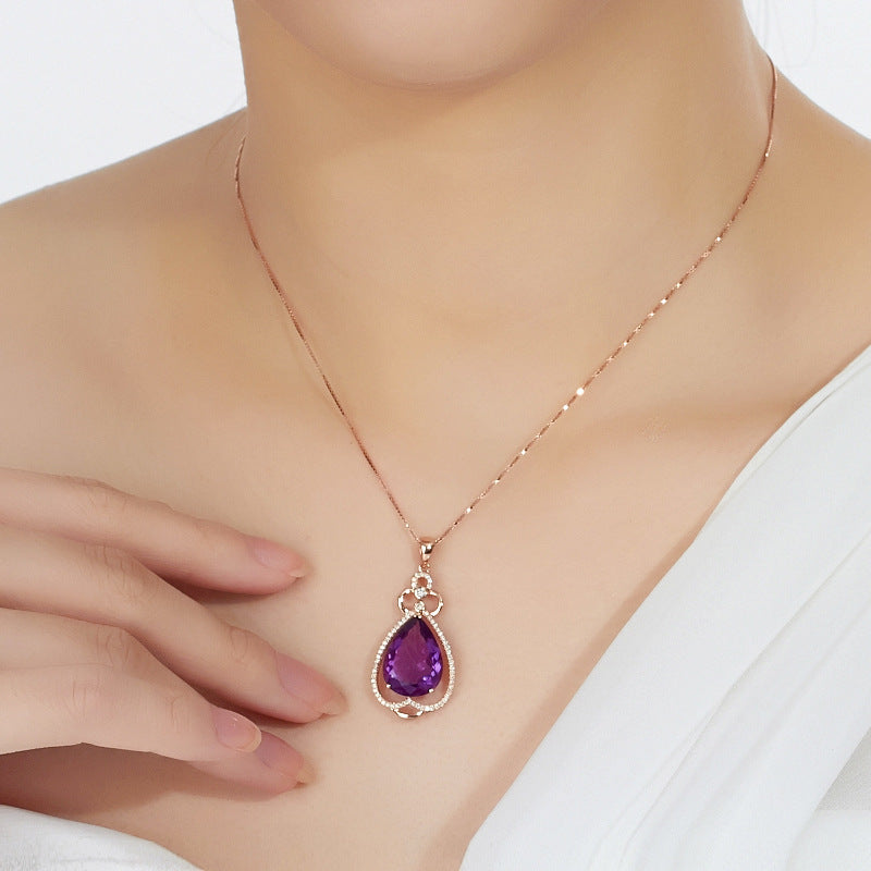 Quality Ear Hook Purple Gemstone Diamond Ring Rose Gold Collarbone Necklace Set