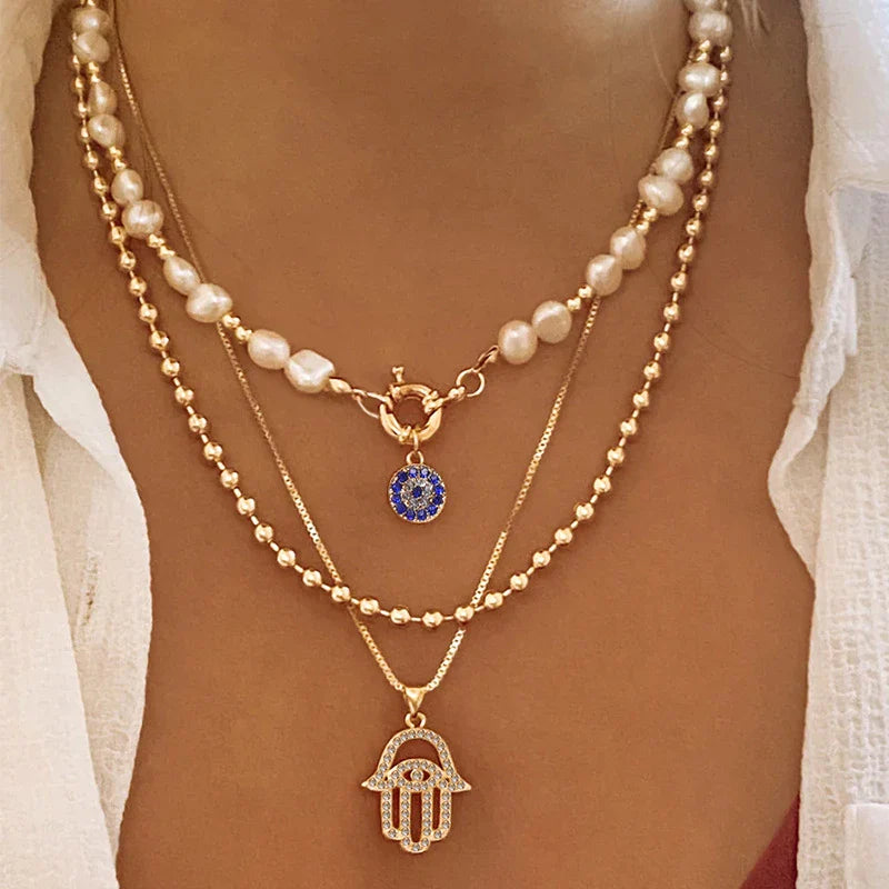 Multilayer Evil Eye Pearl Necklace
