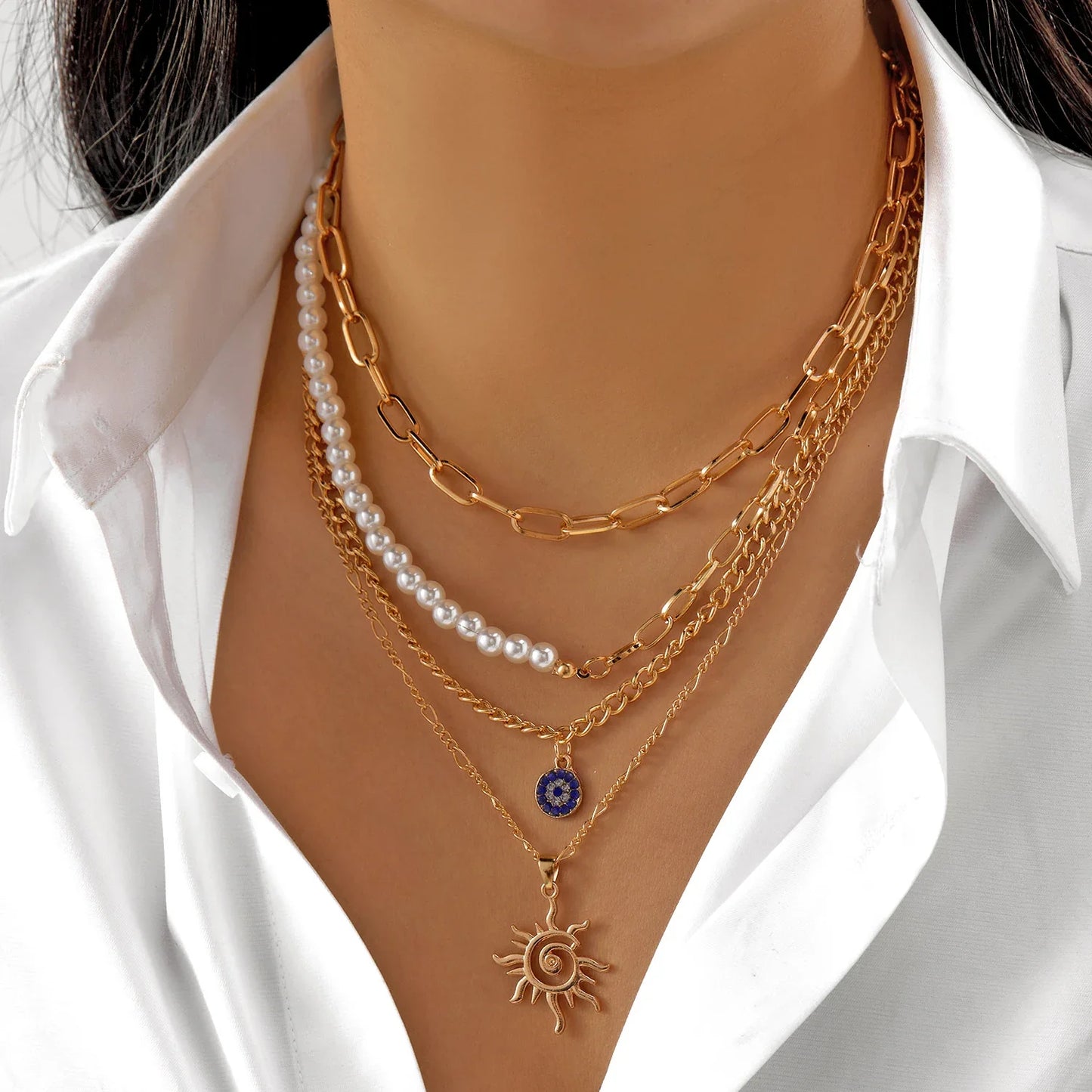 Multilayer Evil Eye Pearl Necklace