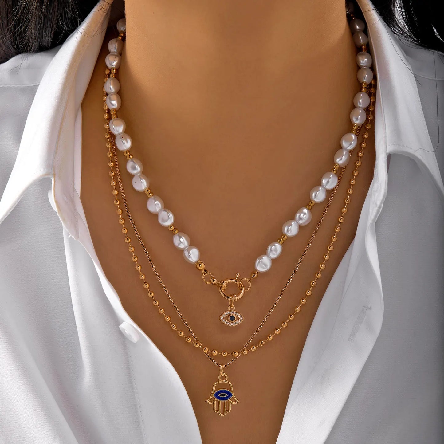 Multilayer Evil Eye Pearl Necklace