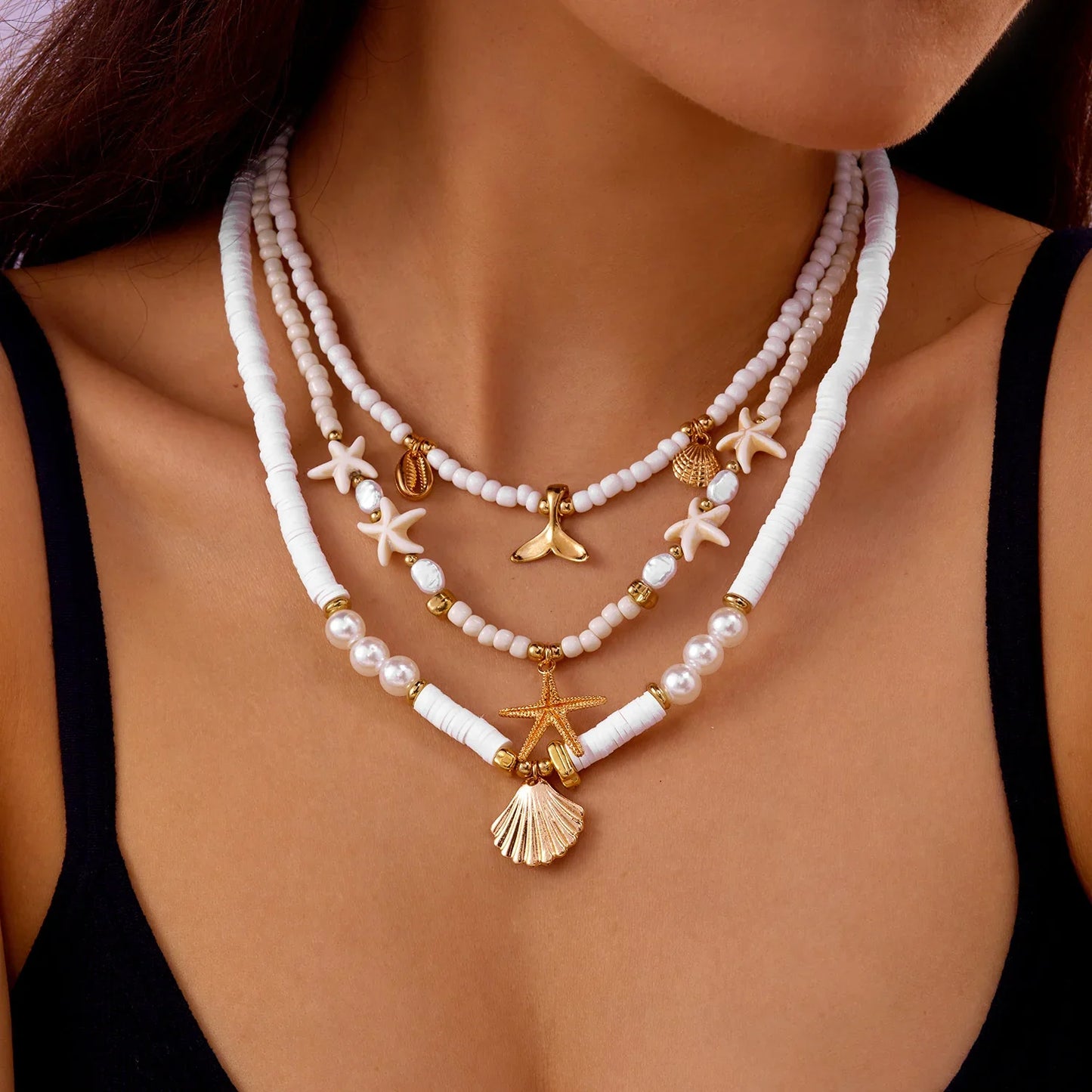 Bohemian Shell Polymer Bead Necklace