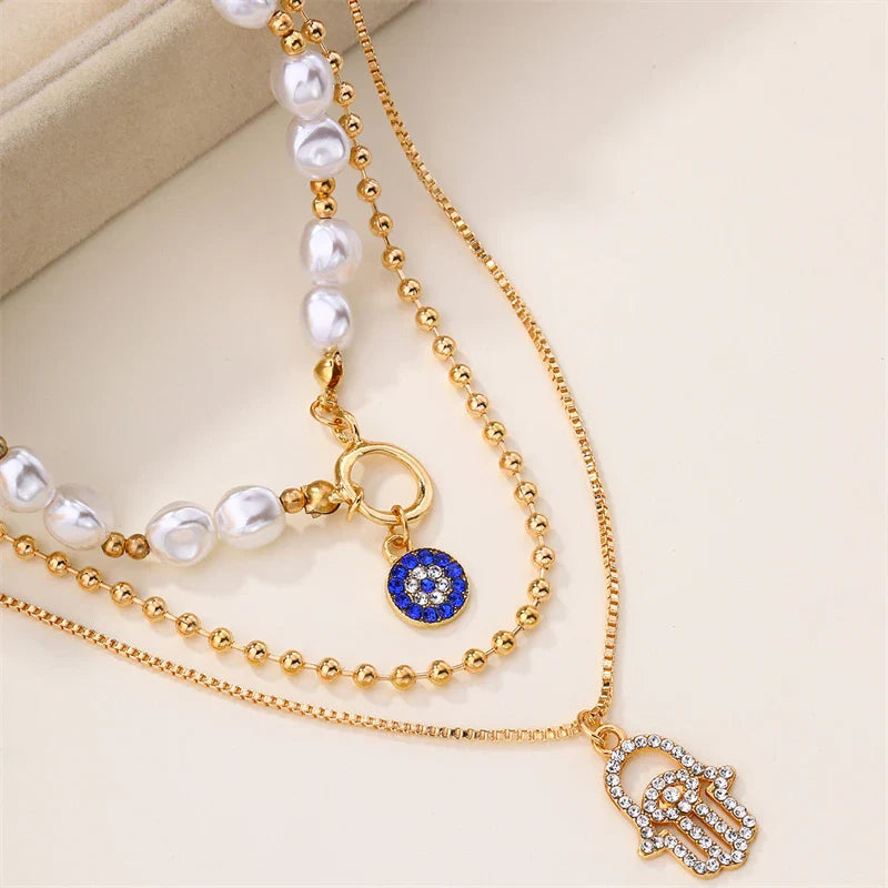 Multilayer Evil Eye Pearl Necklace