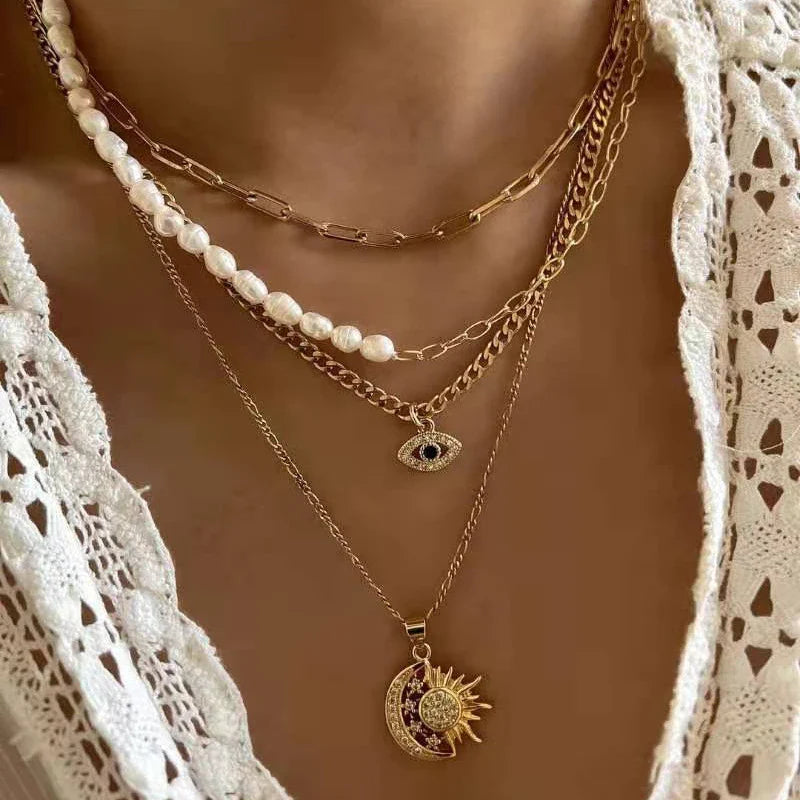 Multilayer Evil Eye Pearl Necklace