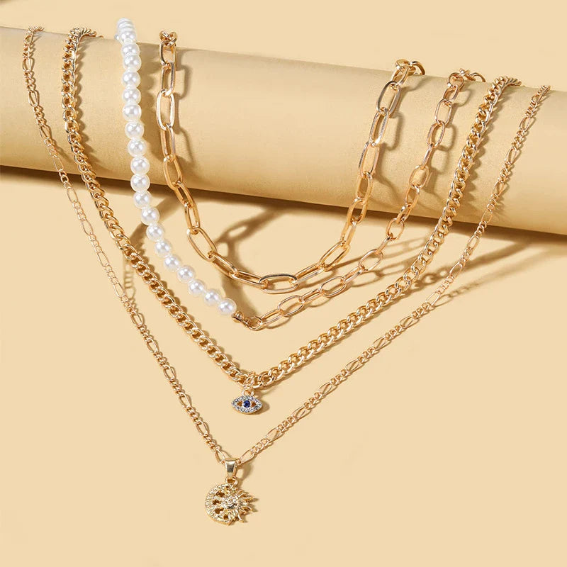 Multilayer Evil Eye Pearl Necklace