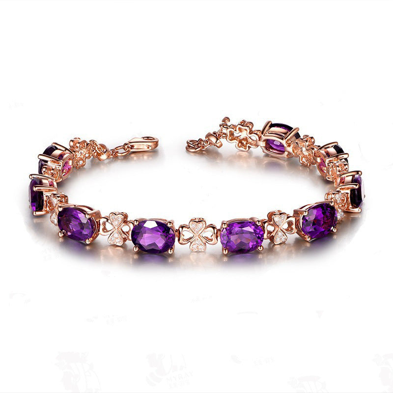 Quality Ear Hook Purple Gemstone Diamond Ring Rose Gold Collarbone Necklace Set