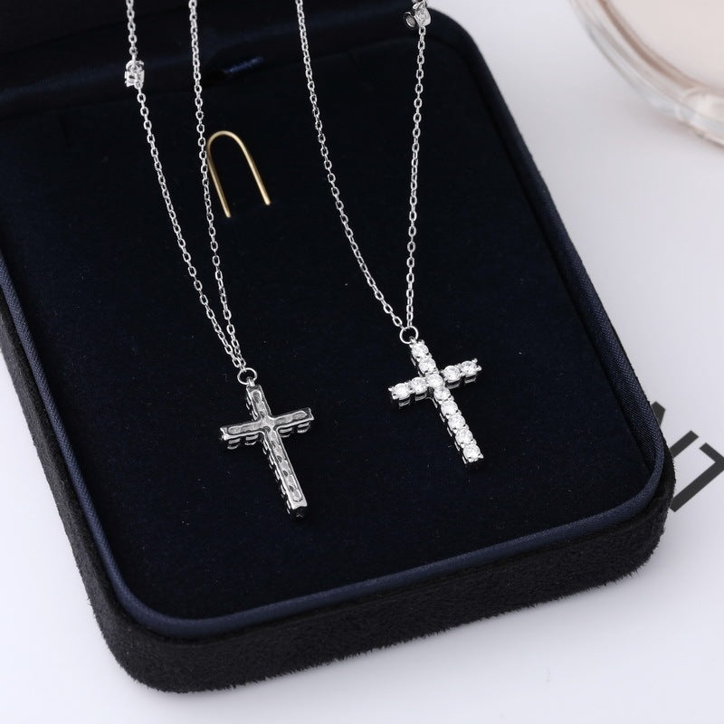 S925 Sterling Silver Simple Diamond Cross Necklace Female Net Celebrity Explosion Style Wild Temperament Clavicle Chain Popular Jewelry